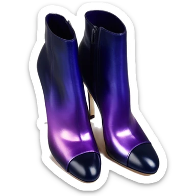 Real isolated top view of a pair of metallic dark navy to dark purple ombre Jimmy Choo stiletto peep toe ankle bootie boots.  sticker