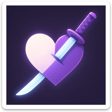 A stylized katana piercing through a heart, heart divided diagonally (white/purple), clean graphic style, soft contours, luminous effect on the blade, aesthetic and harmonious rendering. sticker