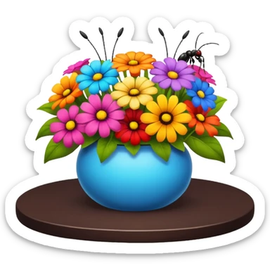 a table with a bouquet of flowers on top and an ant underneath sticker