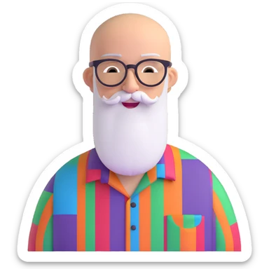 bald man with glasses, long white beard, winking, wearing a colorful shirt sticker