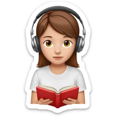 brown-haired girl wearing white t-shirt, headphones, reading a book, apple emoji style, no background, no text sticker