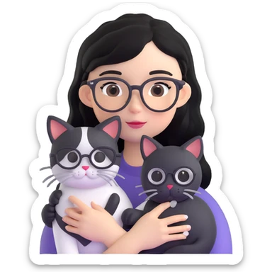 Girl with black hair wearing glasses holding a black and white cat sticker