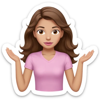 girl with wavy long brown hair, brown eyes, light to medium complexion, long lashes, light pink lipstick, wearing light pink shirt, working out sticker