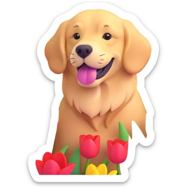 golden retriever surrounded by tulips sticker