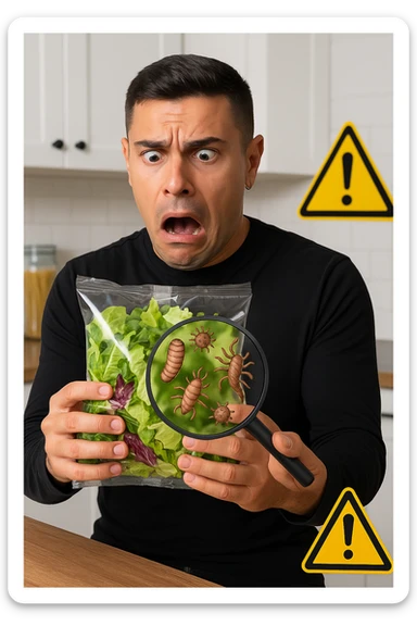 a man holds a bag of salad with both hands, his face frozen in shock as he looks at the contents. Inside the bag, exaggerated but realistic depictions of parasites and bacteria are visible, some highlighted with a magnifying glass overlay. The background is a clean kitchen, and a warning sign appears in the corner to reinforce the message about food safety. sticker