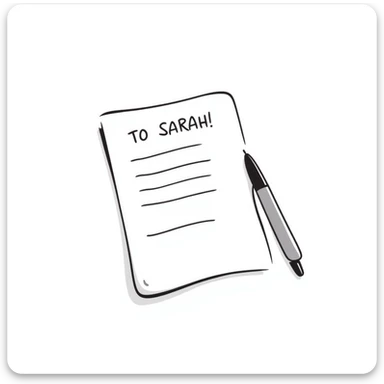a paper letter with "TO SARAH" text written at the top of the letter, with a pen lying next to it sticker