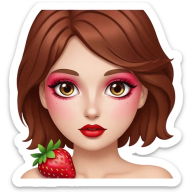 White girl with brown hair with “Strawberry” makeup style  sticker