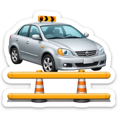 car crashed to a trafic barrier barrier in front of car and car front panel broken sticker