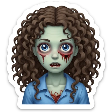 a zombie girl, her hair is curly and brunette but it is long hair and her curls are more open, the color eyes is blue mix grey sticker