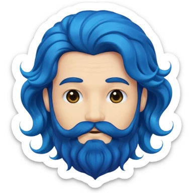 male with ultra-wavy, voluminous blue mermaid hair and a deep black beard, emoji style sticker