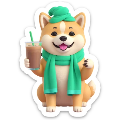 adorable and happy Akita Inu with a green towel tied on its head, enjoying a glass of iced coffee sticker