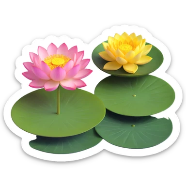 Elegant lotus flower with pink petals, yellow center and circular green lotus pad in water sticker