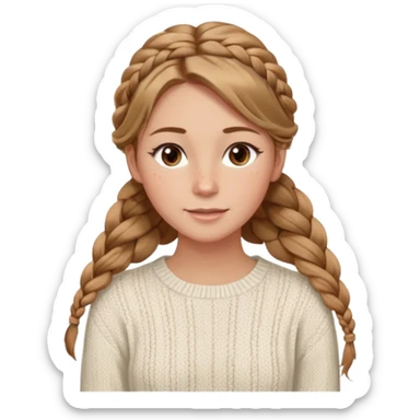 light brown hair blonde hair hazel eyes woman with a white cable knit sweater thatand one braid down her back  with tendrils of hair flowing down her face and she is happy pale, some freckles, blush. she has a cateye wing and long lashes she has eyeliner sticker