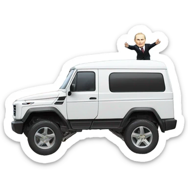 Photorealistic Vladimir Putin doing a backflip over a Tesla cyber truck sticker