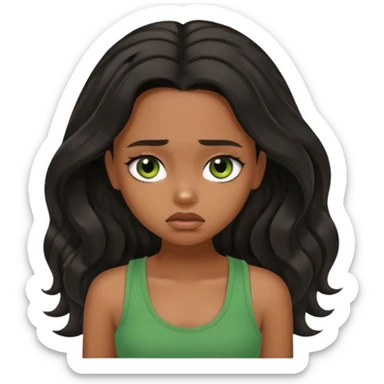 a pretty bratz brown girl with long wavy black color hair, brown eyes and green tank who is depressed and sad sticker