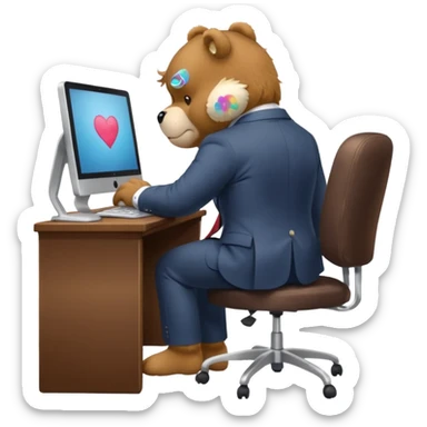 Care bear sad in suit back view, sit on a chair, working on a computer, with a big desk sticker