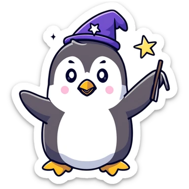 A cute penguin wizard casting a spell with stars and sparkles sticker