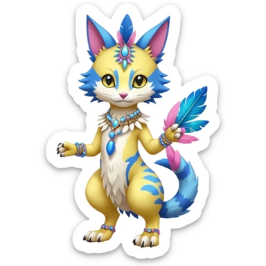 Kawaii cute yellow, blue, pink, exotic tribal beautiful pretty elegant divine edgy feline-vernid-sergal-Fakémon-Pokémon-Digimon-fursona-animal-creature with bracelet, necklace, full body, with intricate detailed markings, feather headdress  sticker