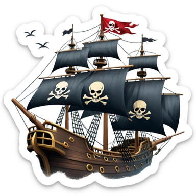 An icon representing an adventure game, inspired by high-seas exploration. The design features a fearless pirate gripping the wheel of a grand sailing ship, its tattered Jolly Roger flag billowing as it cuts through stormy waters. The scene evokes danger, treasure, and the thrill of the open sea. Transparent background. sticker