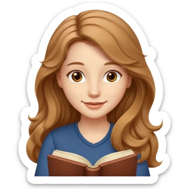 detailed emoji of a woman with long light brown wavy hair, light brown eyes, softly smiling while reading a book sticker