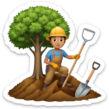 man digging with a shovel, with a tree in the background sticker