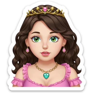 Girl girl with long wavy dark brown hair with middle part, centralized heterochromia blue green gold eyes, plus size, pink frilly top, right nostril gold nose ring, small pink heart crystal necklace  sticker