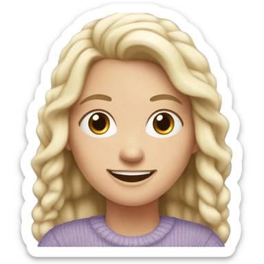 white girl working with laptop, dark hair, lavender sweater and smile on her face sticker