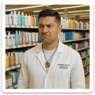 Create a realistic image of a man with the face and appearance of the person in the reference photo, standing in a supermarket. The man has a displeased expression in front of shelves filled with chemical cosmetic products for skin and body (creams, lotions, etc.). The man looks annoyed, as if thinking these products should be abolished. The tone is realistic and communicative. sticker