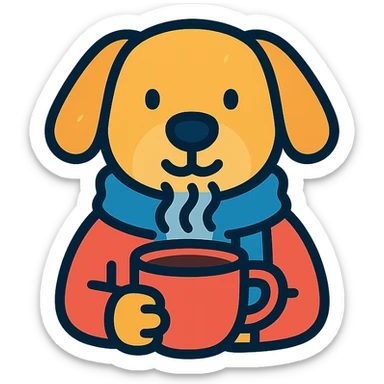 A dog drinking a cup of coffee, outside is cold sticker