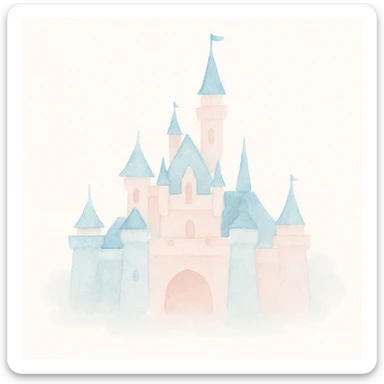 Disneyland castle, watercolor art style, soft edges, whimsical, light blue and pink sticker