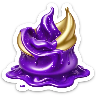 Cinematic Realistic Shiny Slime Mixed with Glitter, thick and glossy with swirling metallic flecks suspended inside, a dynamic mix of deep purple and golden sparkles, light catching every shimmer, flowing smoothly with realistic folds and ripples, glowing with an enchanting, almost liquid-metal effect. sticker
