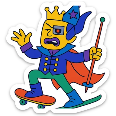 yellow guy showing off his fabulous outfit combining prince, alien, terminator, skater, skiier, and wizard elements, making a weird face, stylish and fabulous sticker