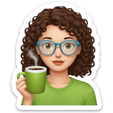 White girl with dark brown curly hair, brown eyes, sky blue glasses, apple green t shirt, drinking coffee sticker