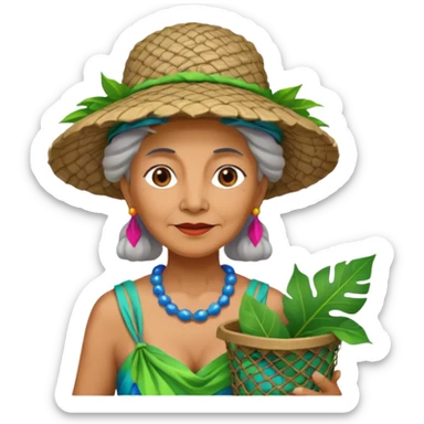 Hawaiian old woman with leaf hat and big trash net and colorful cloth sticker