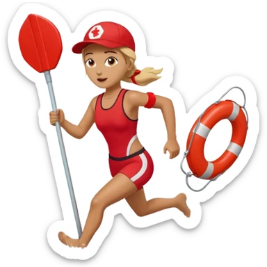 Female lifeguard – red cap, running along shore with rescue buoy sticker