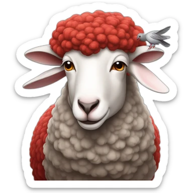 A red sheep with a pigeon on his head  sticker