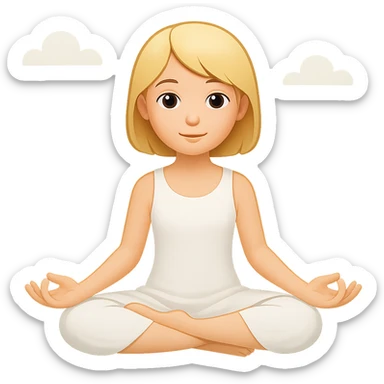 a blonde girl with a short haircut in a white dress sitting in a lotus position and meditating with a background, emoji style sticker