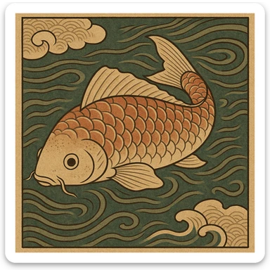 ukiyo-e style illustration of a koi fish swimming sticker
