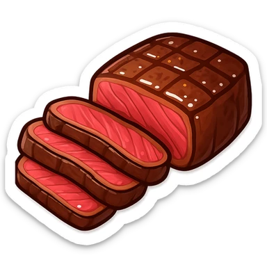 Create an emoji-style illustration of a steak inspired by the provided photo. Focus solely on the steak, excluding any potatoes or vegetables. Include juicy details to emphasize its deliciousness. No background, isolate the steak. Use an emoji style look as a reference for the design. sticker