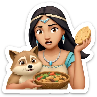 Cinematic Funny Pocahontas Portrait Emoji, Looking bewildered as Meeko steals her food, one brow raised in playful frustration, a warrior princess caught in a hilariously relatable moment, wild yet endearing! sticker