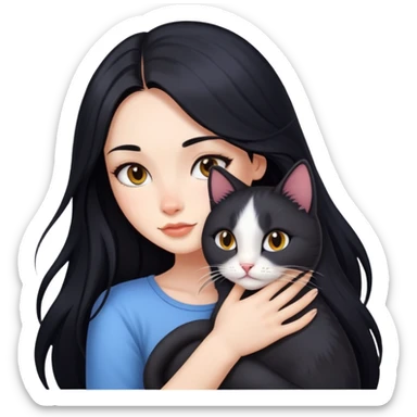 Hot girl with long black hair hugs a cat  sticker
