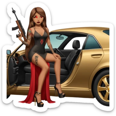 Lilith tan skinfemale red eyes symbol. Tattoo arms. Her hair is brown straight long hair.wearing sexy long sexy dress with slit. black stiletto thick platform high heels shoes on. Sitting on gold giant luxury car with cash inside . She is holding a sniper rifle in one hand cash in other hand sticker