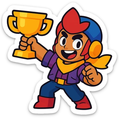 Brawl Stars character holding a trophy, energetic, cartoon style sticker