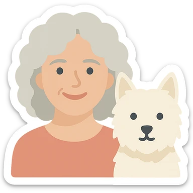 50-year-old pretty lady with silver curly hair, smiling, with a Westie dog, color icon sticker