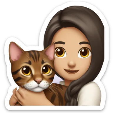 Beautiful woman long dark brown hair hug bengal cat sticker