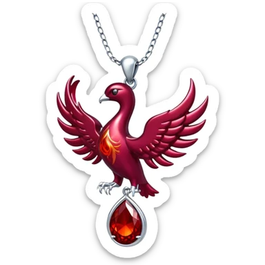 phoenix-inspired ruby pendant with cosmic aura, deep red glow, silver chain undulating like water sticker