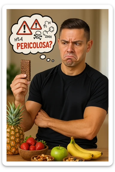 un uomo in abbigliamento sportivo tiene in mano una barretta proteica, osservandola con un’espressione scettica e preoccupata. Sopra la barretta, una nuvoletta di pensiero mostra simboli di allarme, ingredienti chimici e la scritta “Pericolosa?” in rosso. Sullo sfondo, frutta fresca e altri snack naturali sono visibili sul tavolo, sottolineando la sua preferenza per alternative più sane. sticker