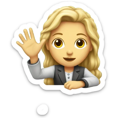 A white girl with a raised hand at a desk at school  sticker