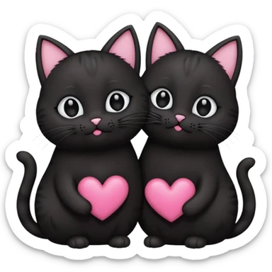 two fat cute black cats love, pink heart, closed mouth, black ears sticker