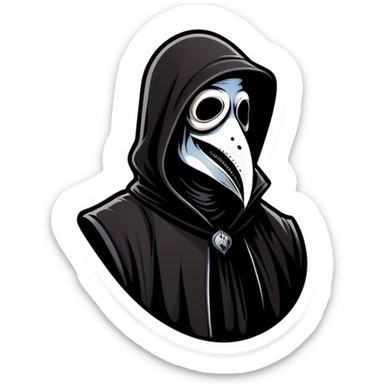 Man wearing a black plague doctor mask in a hood laughing sticker